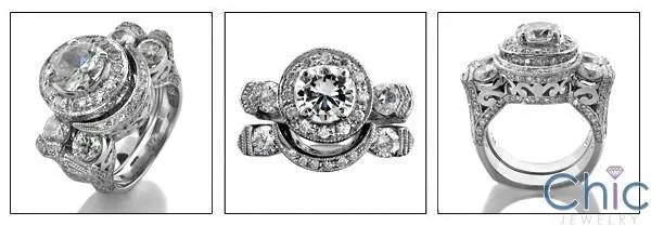 1 Ct Round Center Micro Pave and Channel Sides Cubic Zirconia Cz Matching Engagement Ring and Band