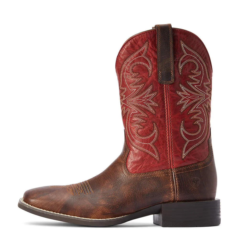 10042391 Ariat Men's Sport Pardner Western Cowboy Boot Wide Square Toe - Matte Rebel Brown/Blood Red