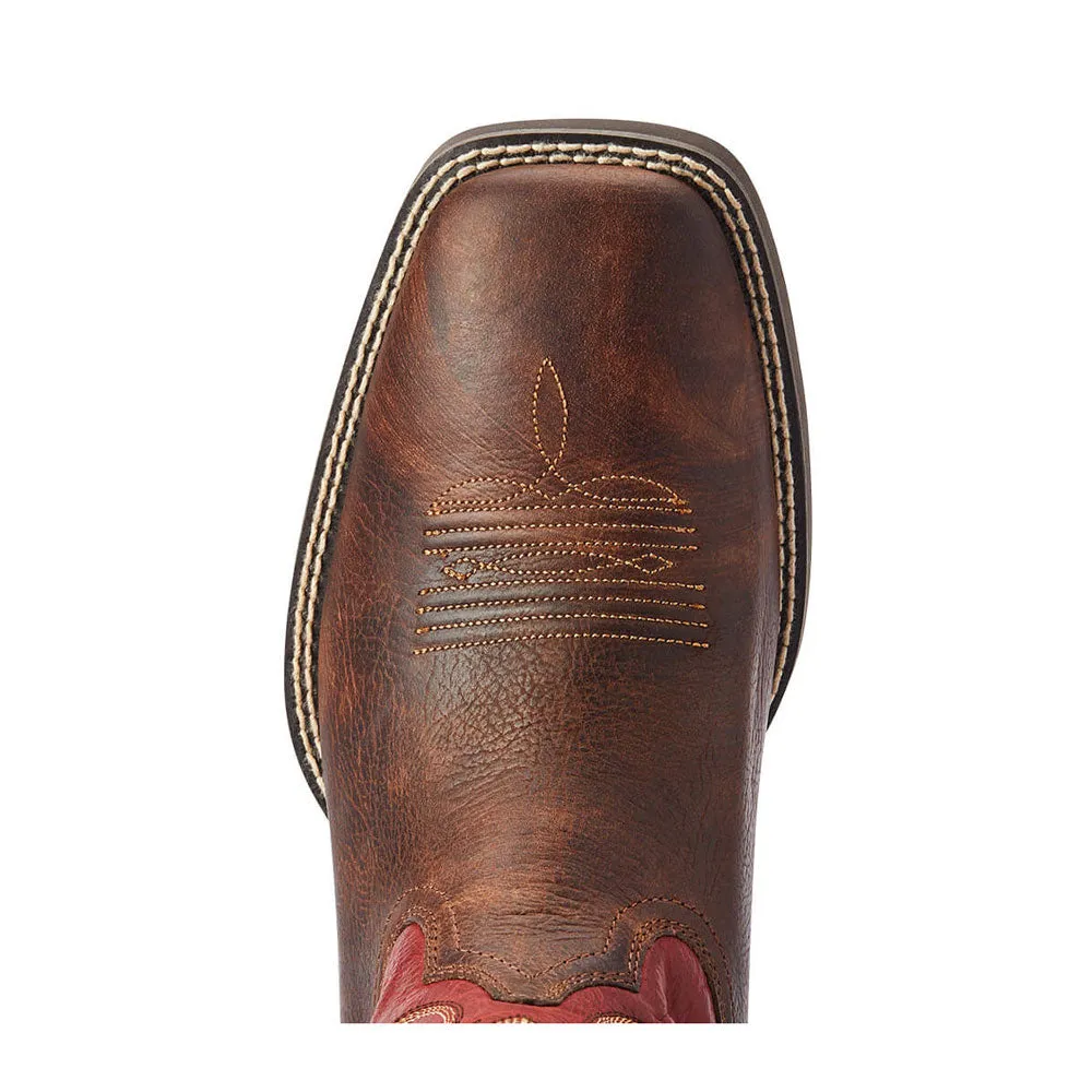 10042391 Ariat Men's Sport Pardner Western Cowboy Boot Wide Square Toe - Matte Rebel Brown/Blood Red