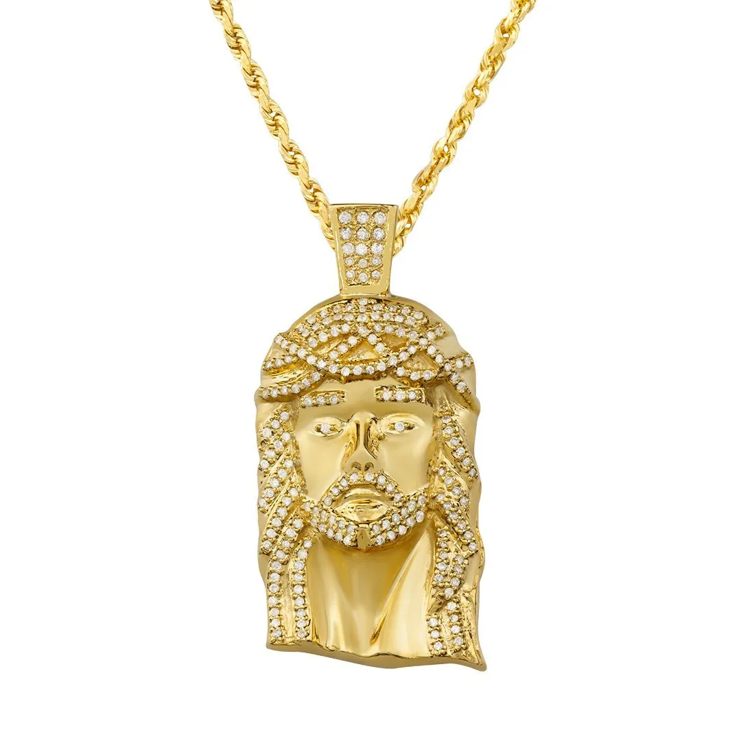 10K Solid Yellow Gold Mens Jesus Head Pendant With Round Cut Diamonds 3.11 Ctw