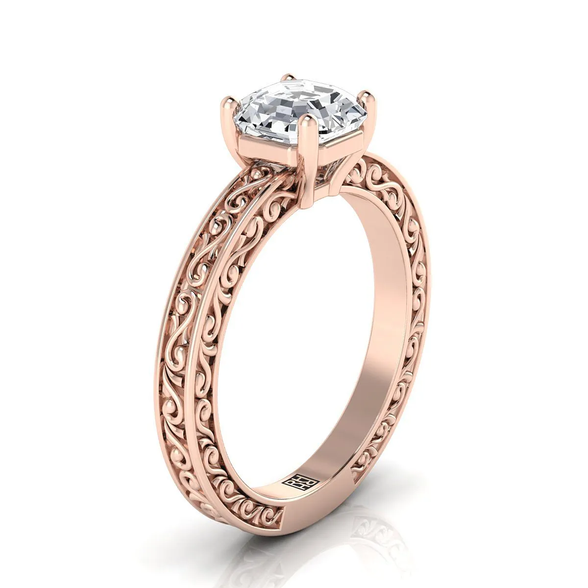 14K Rose Gold Asscher Cut Hand Engraved Scroll Vintage Solitaire Engagement Ring