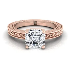 14K Rose Gold Asscher Cut Hand Engraved Scroll Vintage Solitaire Engagement Ring