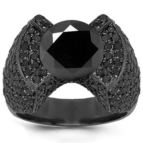 14K Solid Gold Black Rhodium Plated Mens Black Diamond Ring 8.75 Ctw