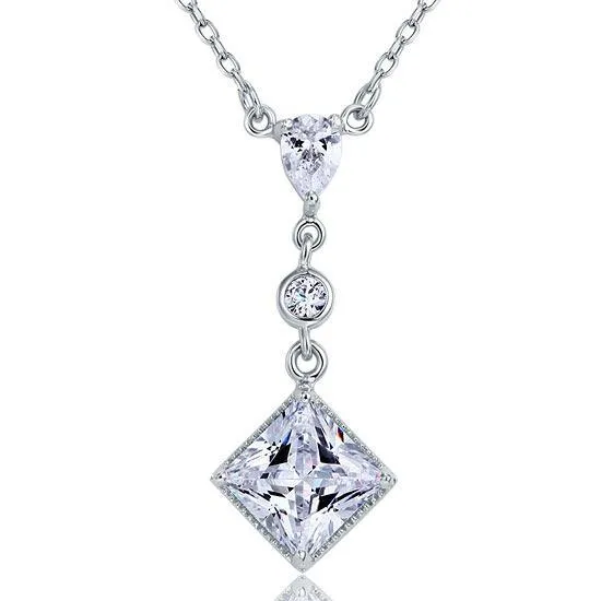 2 Carat Princess Cut Created Zirconia Dangle 925 Sterling Silver Pendant Necklace MXFN8031