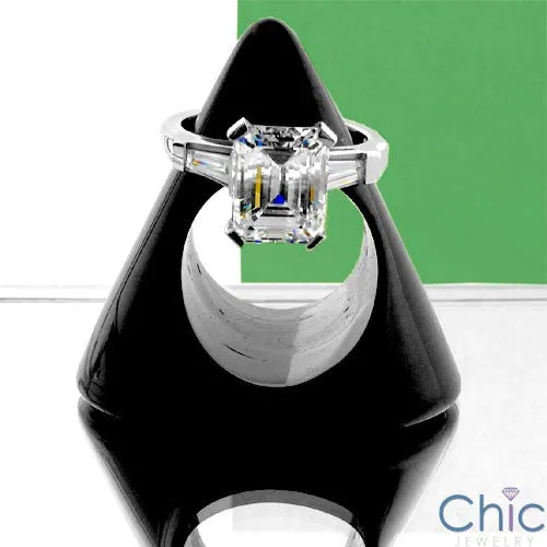 3 Carat Emerald Cut Cubic Zirconia and Tapered Baguettes Channel 14k White Gold Ring