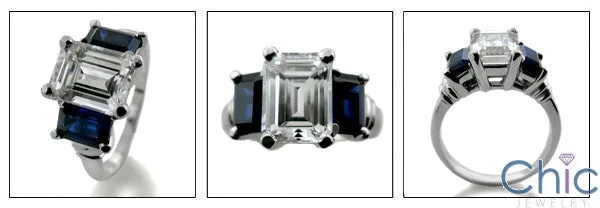 3 Stone Cubic Zirconia Ring 2 Carat Emerald Cut Center Sapphire Color Emerald Shape Sides 14K White Gold