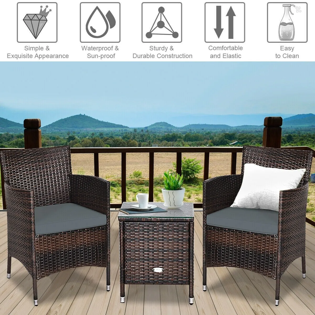 3pc Patio Wicker Rattan Outdoor Furniture Set - Gray