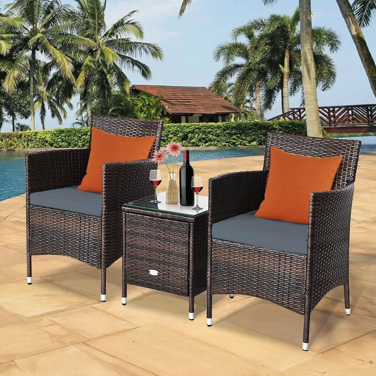 3pc Patio Wicker Rattan Outdoor Furniture Set - Gray