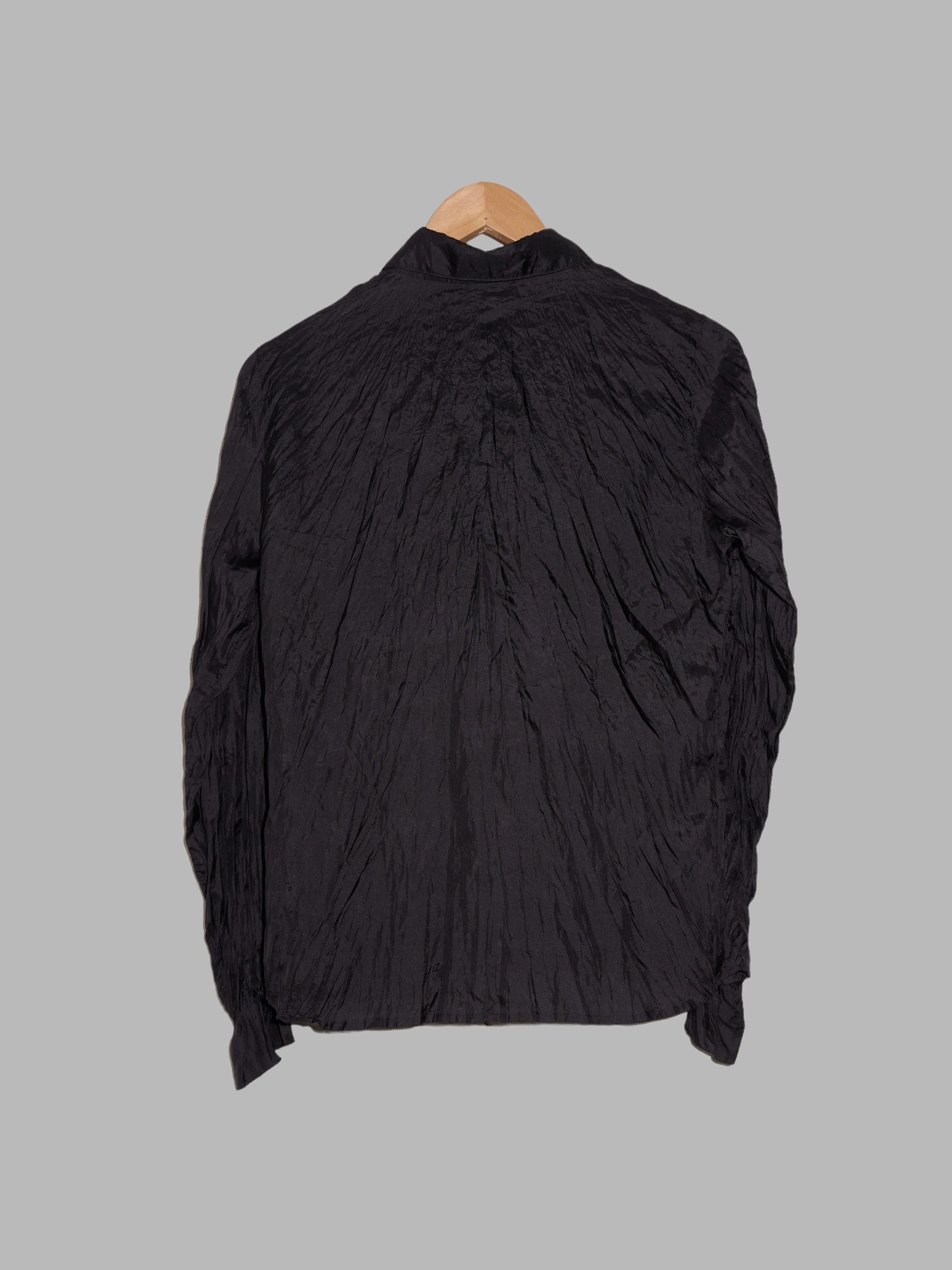 Agnes B Paris 1990s black creased silk shirt with collar ruffle