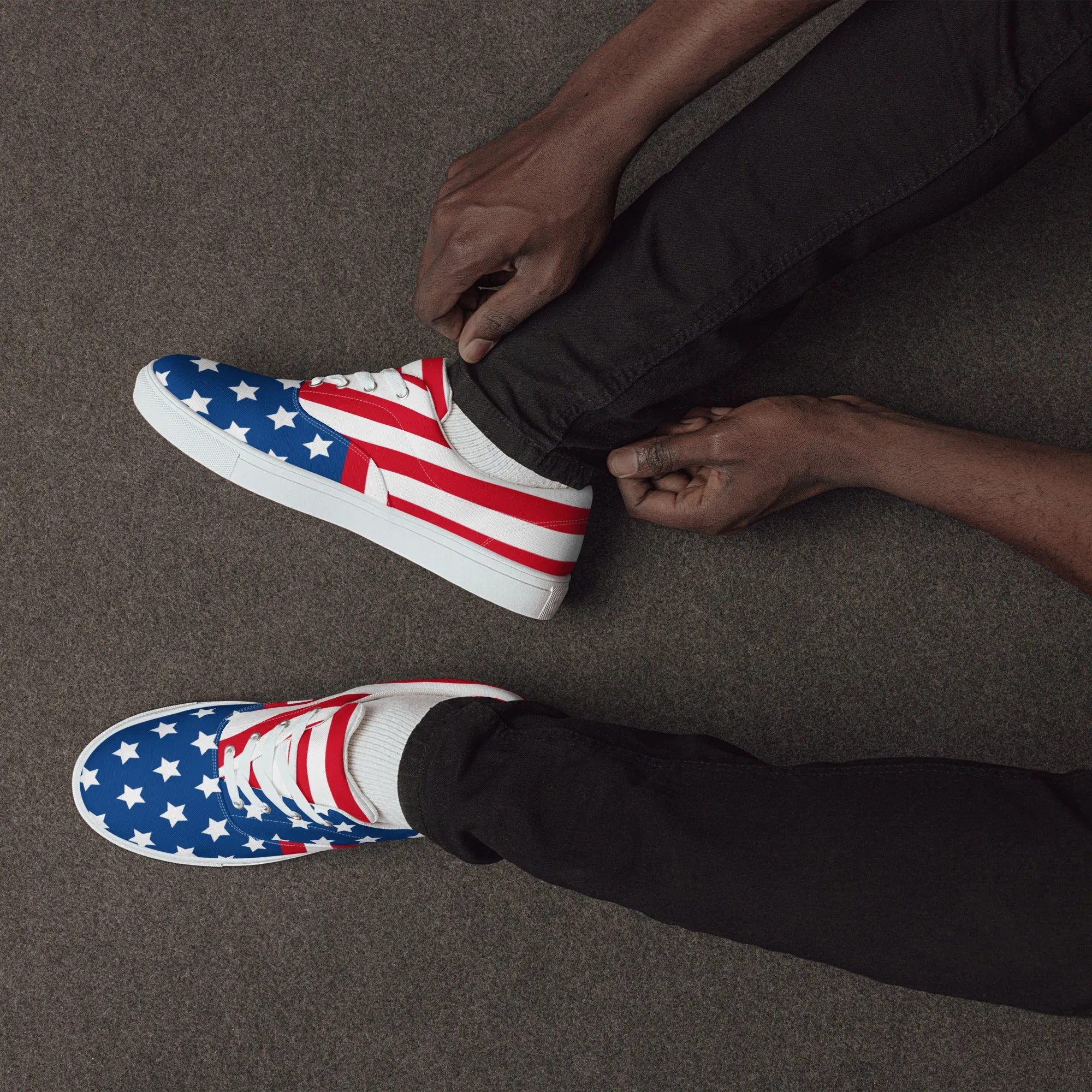 American Flag Men's Low Tops, US Flag July Forth Best Designer Men’s Lace-up Canvas Shoes (US Size: 5-13)