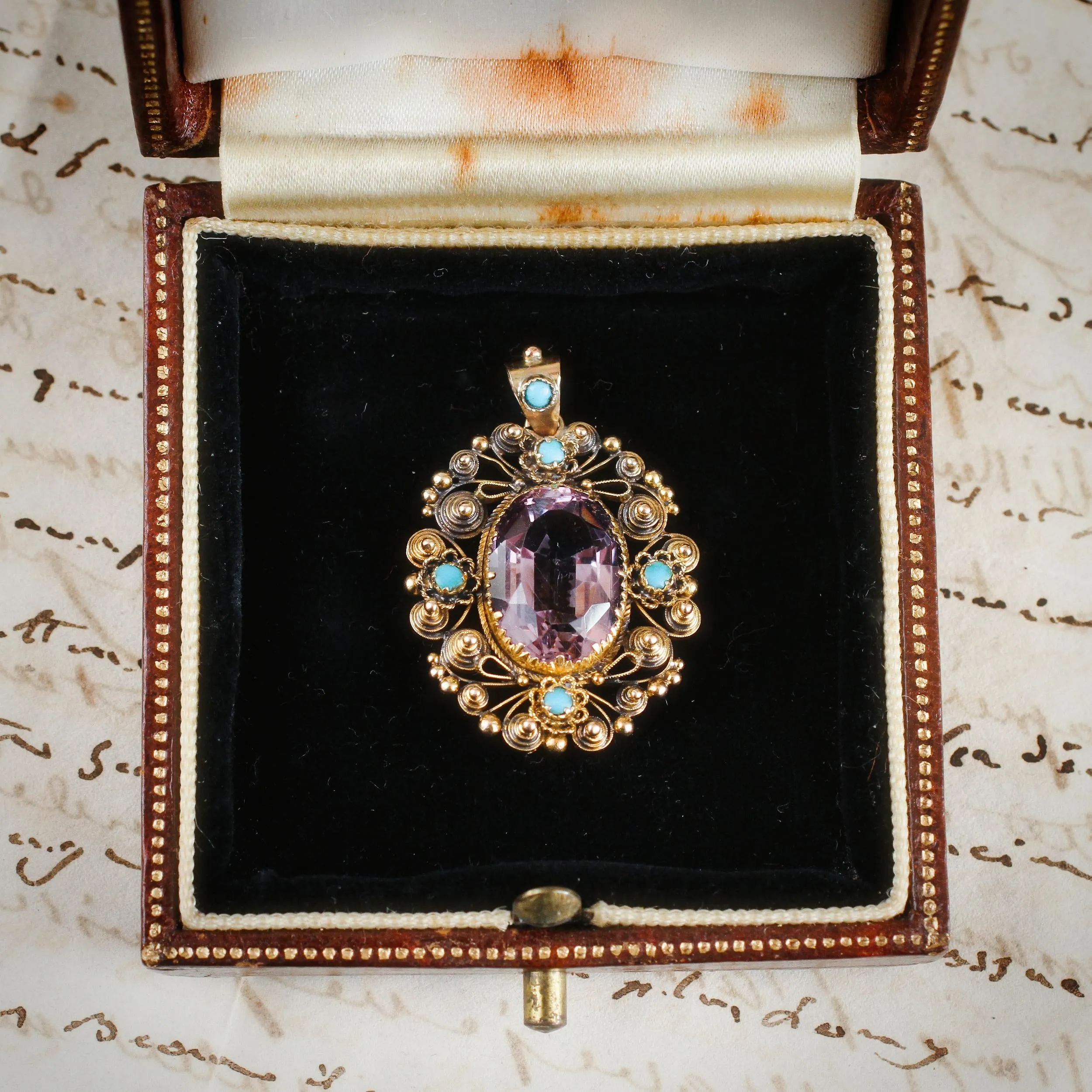 Antique Georgian Cannetille Amethyst & Turquoise Pendant