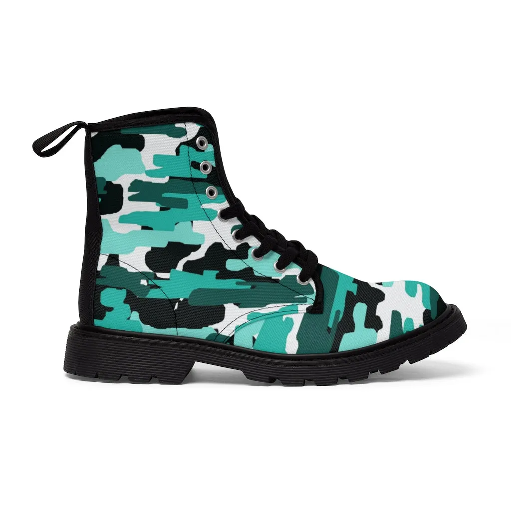 Aqua Blue Camo Men's Boots, Best Hiking Camo Army Print Winter Boots Laced Up Shoes For Men (US Size: 7-10.5)