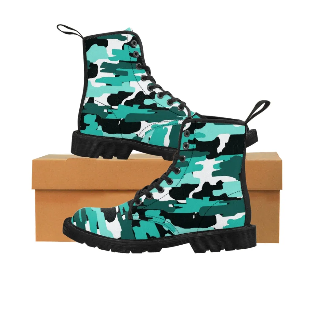 Aqua Blue Camo Men's Boots, Best Hiking Camo Army Print Winter Boots Laced Up Shoes For Men (US Size: 7-10.5)