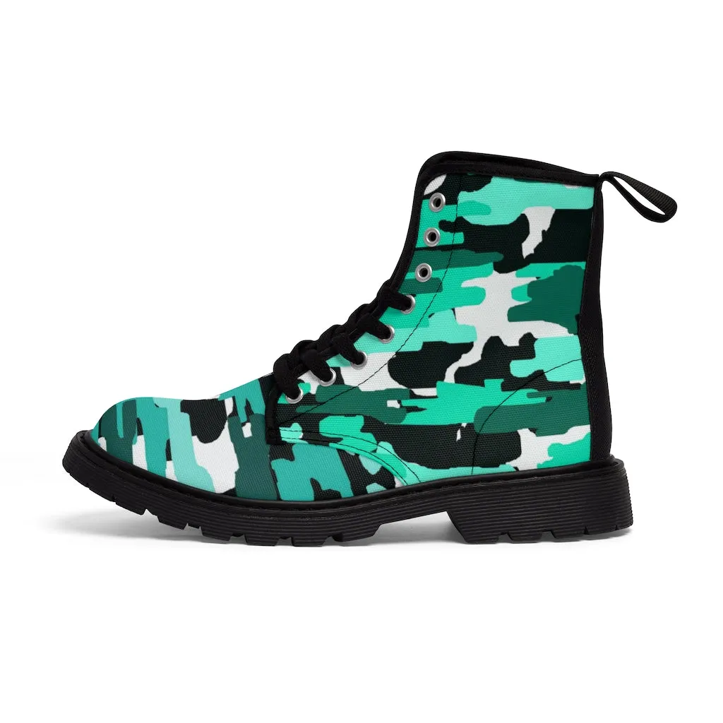 Aqua Blue Camo Men's Boots, Best Hiking Camo Army Print Winter Boots Laced Up Shoes For Men (US Size: 7-10.5)