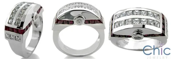 Art Deco Style Channel Ruby Diamond Princess - Cubic Zirconia 14K White Gold Ring