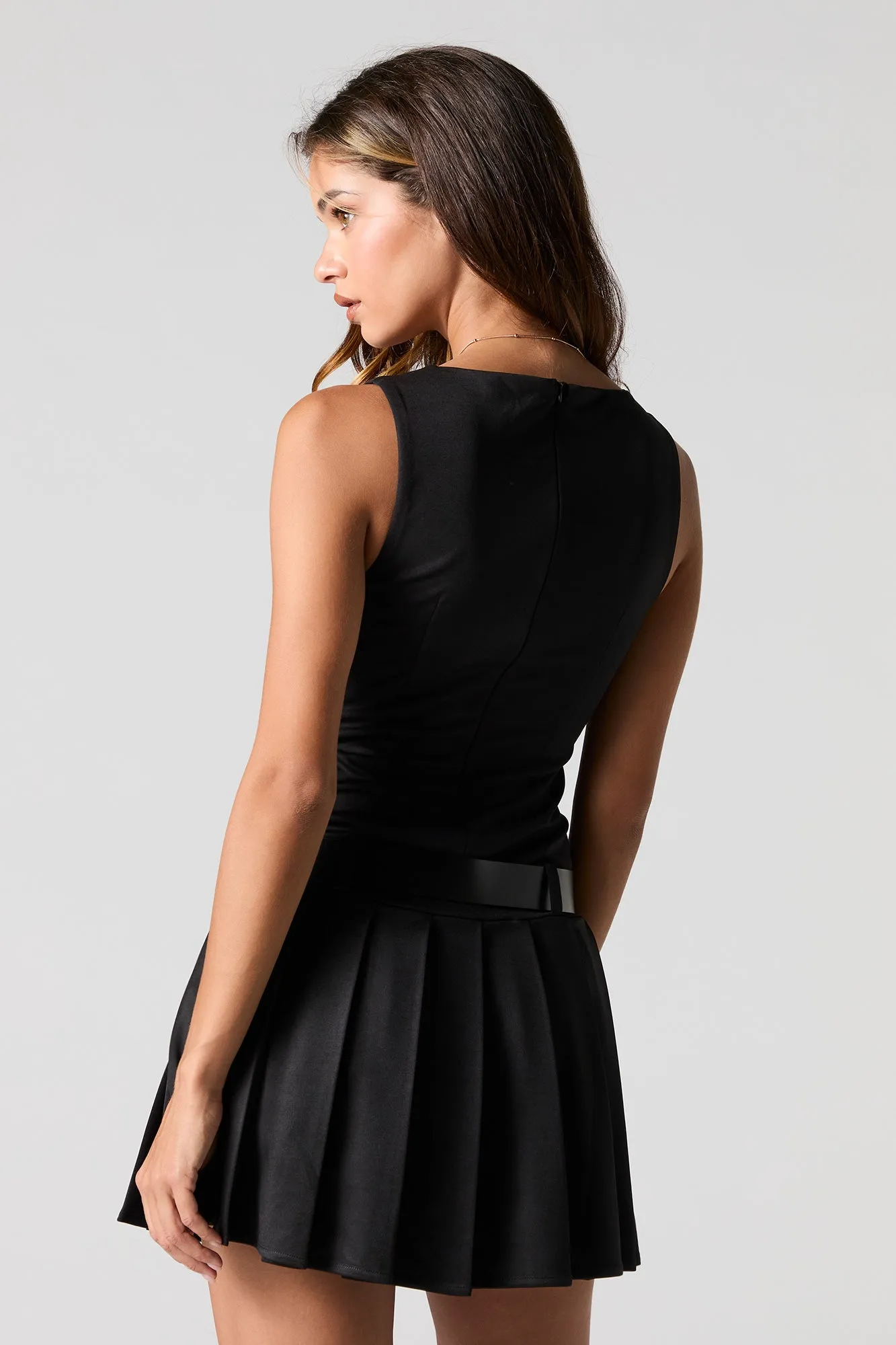 Belted Pleated Mini Dress