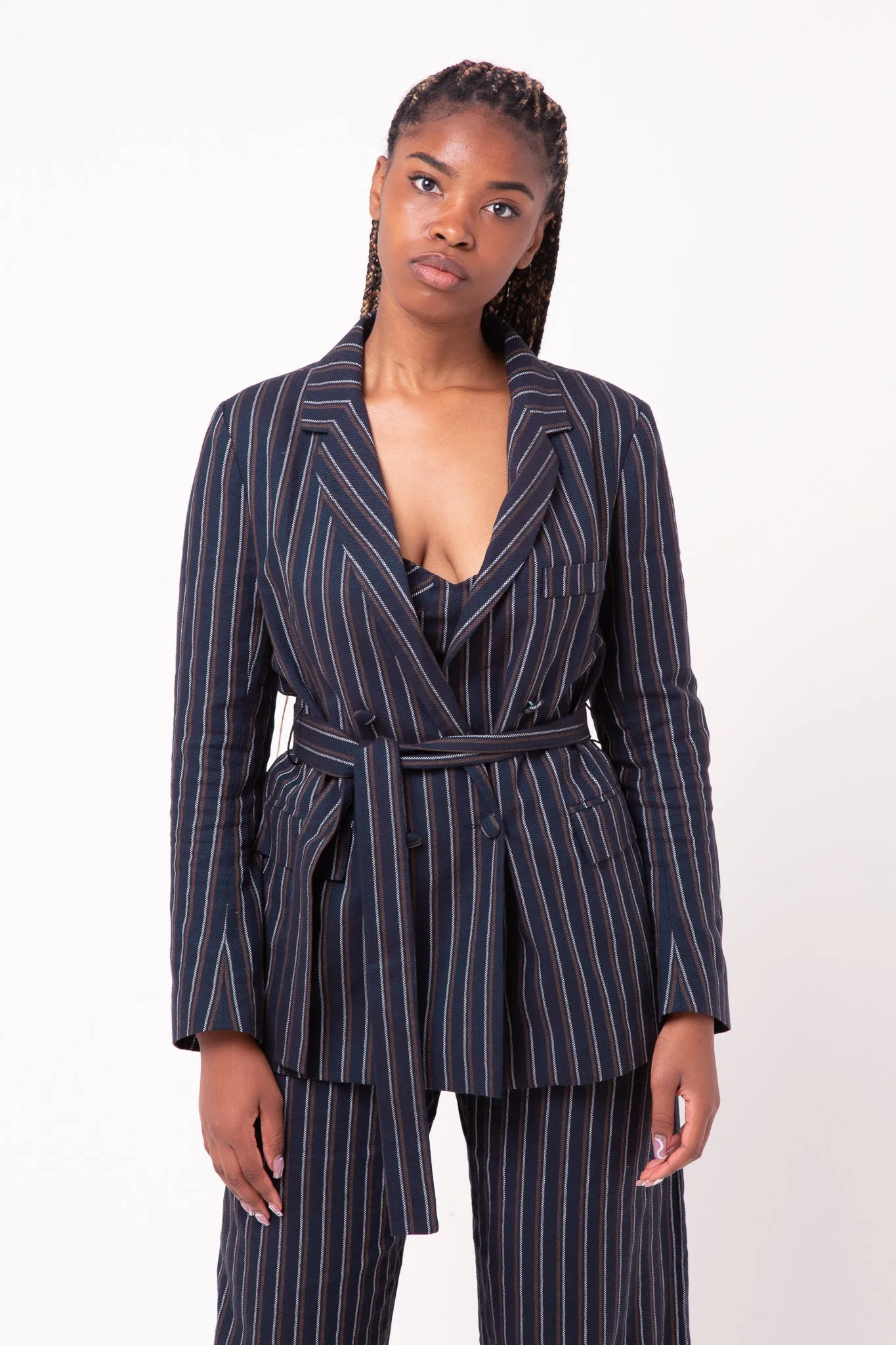 Bety Tie Waist Blazer in Navy Pinstripe