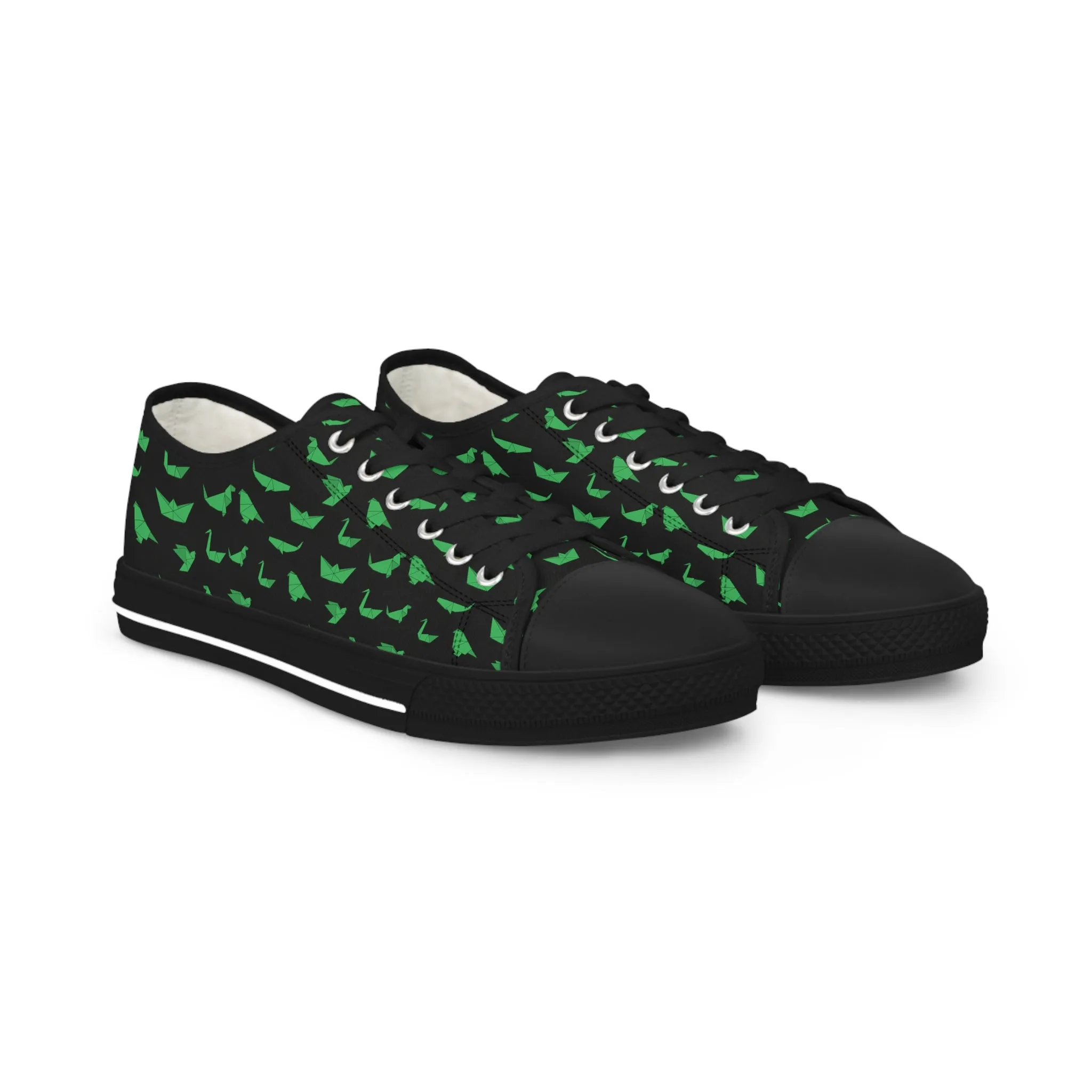 Black Crane Print Men's Sneakers, Green and Black Japanese Style Men's Low Top Sneaker Shoes (US Size: 5-14)