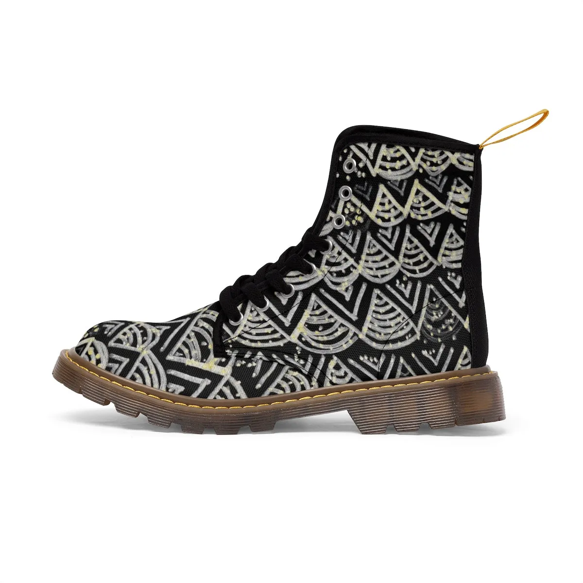 Black Geometric Men's Winter Boots, Designer Anti Heat/Moisture Men's Canvas Boots