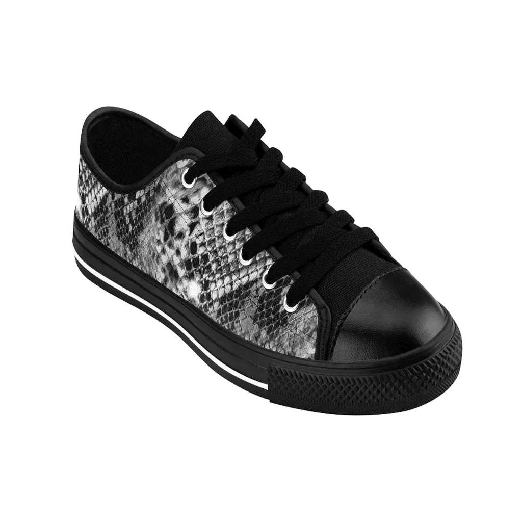 Black Snake Print Men's Sneakers, Designer Snakeskin Python Print Low Top Shoes For Men