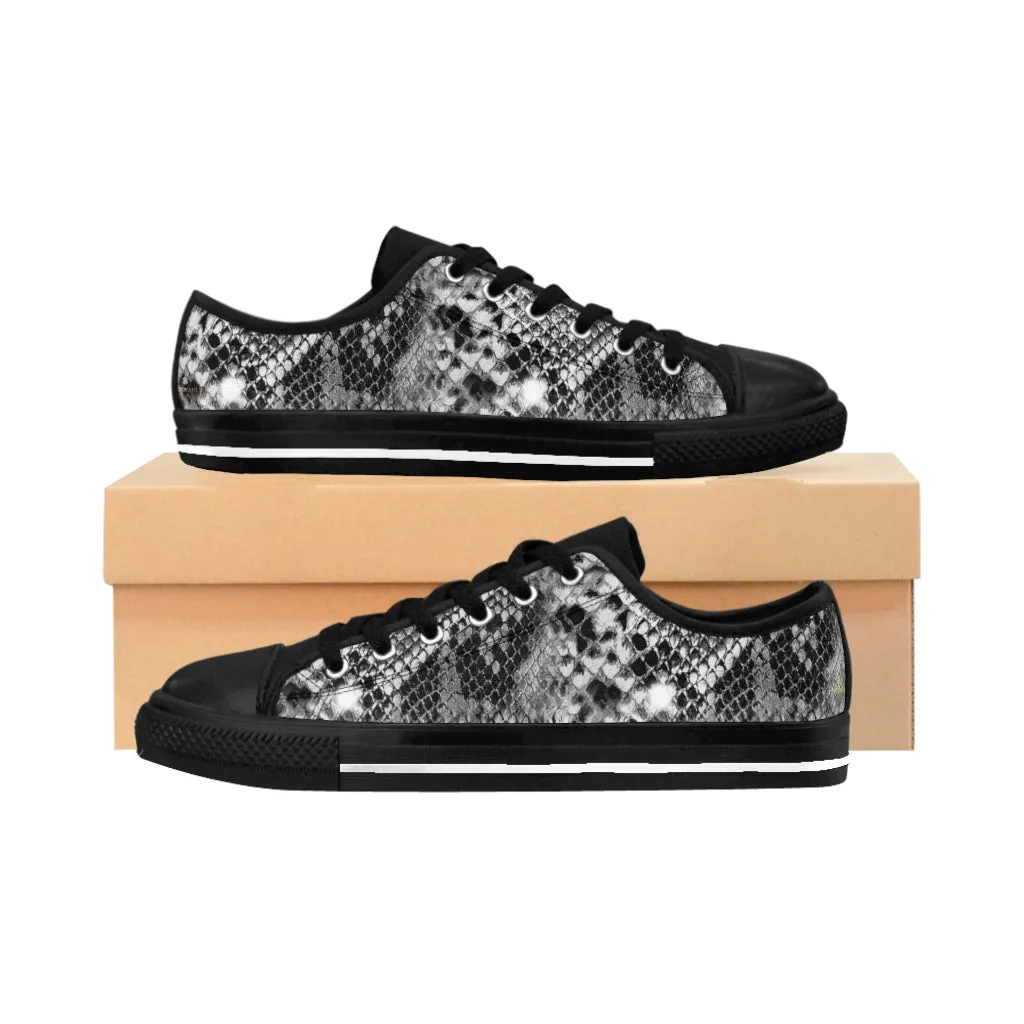 Black Snake Print Men's Sneakers, Designer Snakeskin Python Print Low Top Shoes For Men