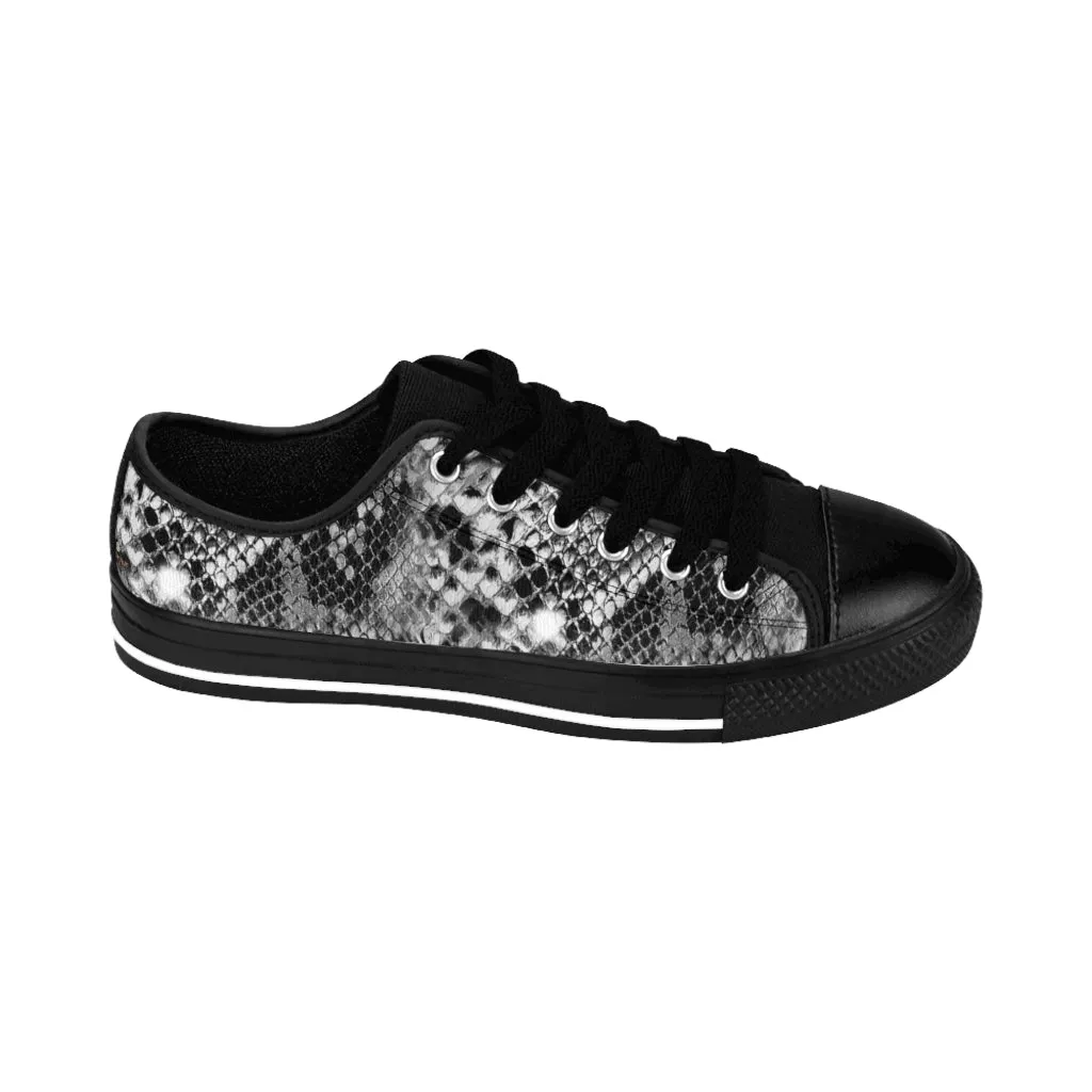 Black Snake Print Men's Sneakers, Designer Snakeskin Python Print Low Top Shoes For Men