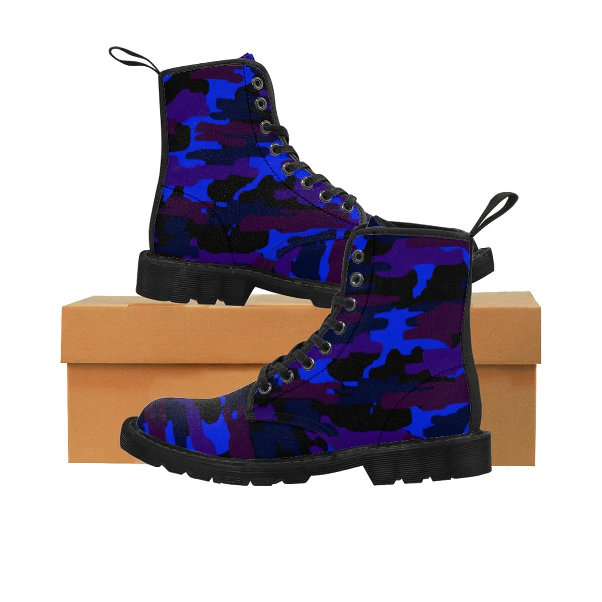 Blue Camo Men's Boots, Purple Camouflage Military Army Canvas Winter Laced Up Boots