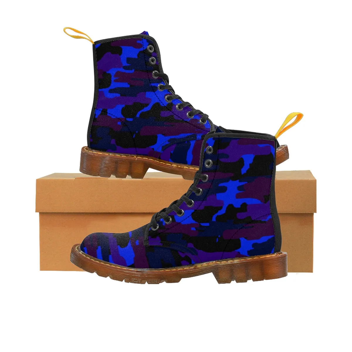 Blue Camo Men's Boots, Purple Camouflage Military Army Canvas Winter Laced Up Boots