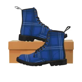 Blue Plaid Men's Canvas Boot, Royal Blue Tartan Scottish Plaid Print Hiking Winter Boots For Men