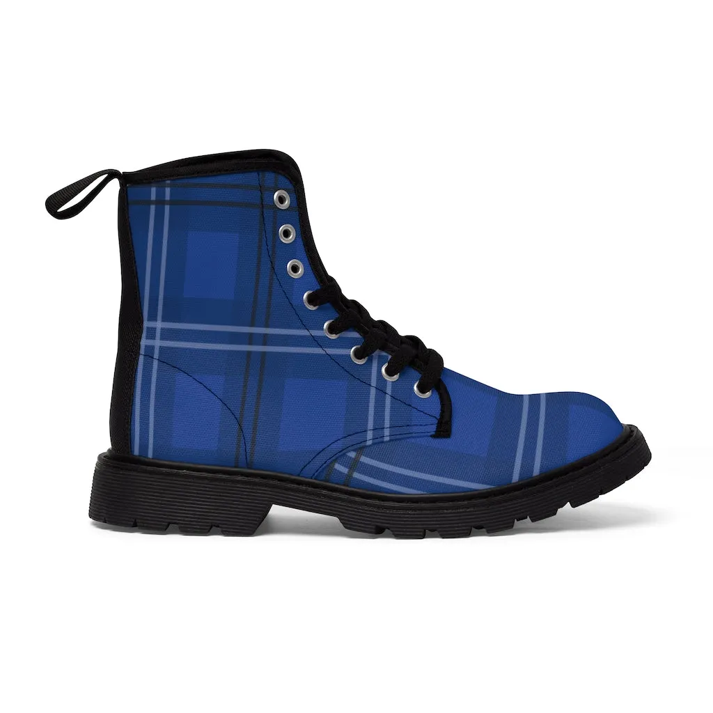 Blue Plaid Men's Canvas Boot, Royal Blue Tartan Scottish Plaid Print Hiking Winter Boots For Men