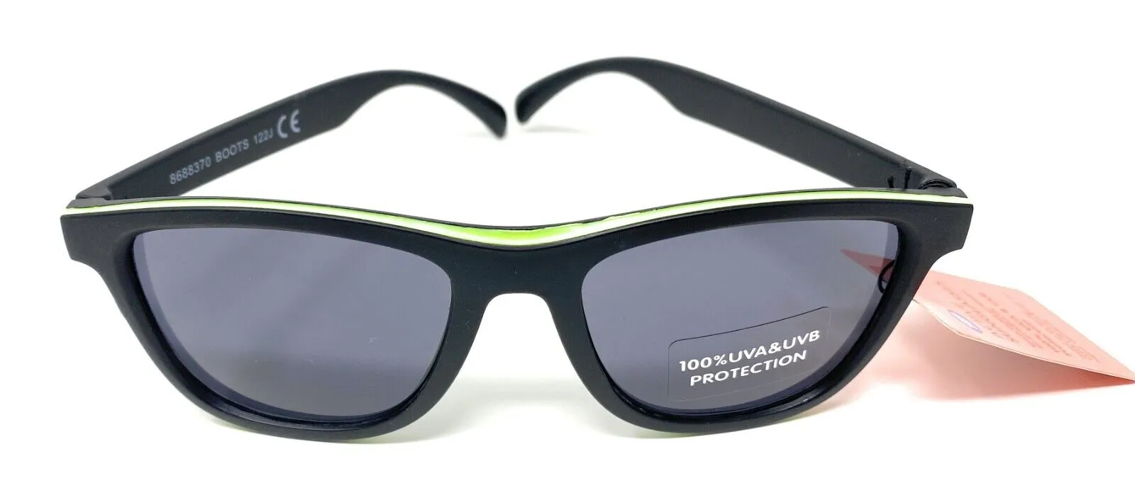 Boots Men's Active Sunglasses Black and Green Trim 100% UVA UVB New 122J