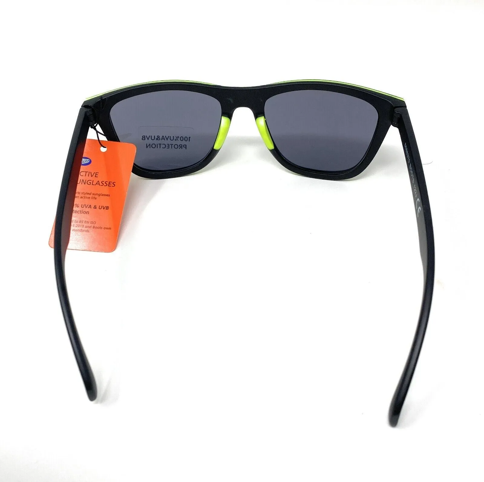 Boots Men's Active Sunglasses Black and Green Trim 100% UVA UVB New 122J