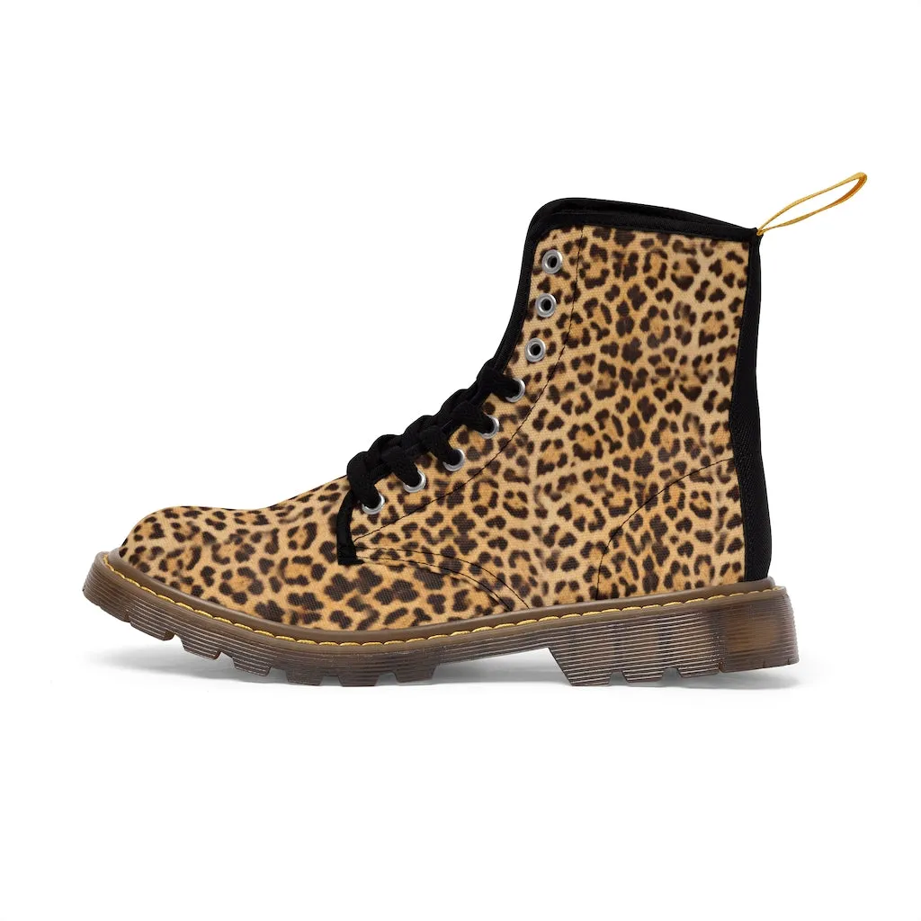 Brown Leopard Men's Canvas Boots, Animal Print Designer Winter Laced-up Boots For Men