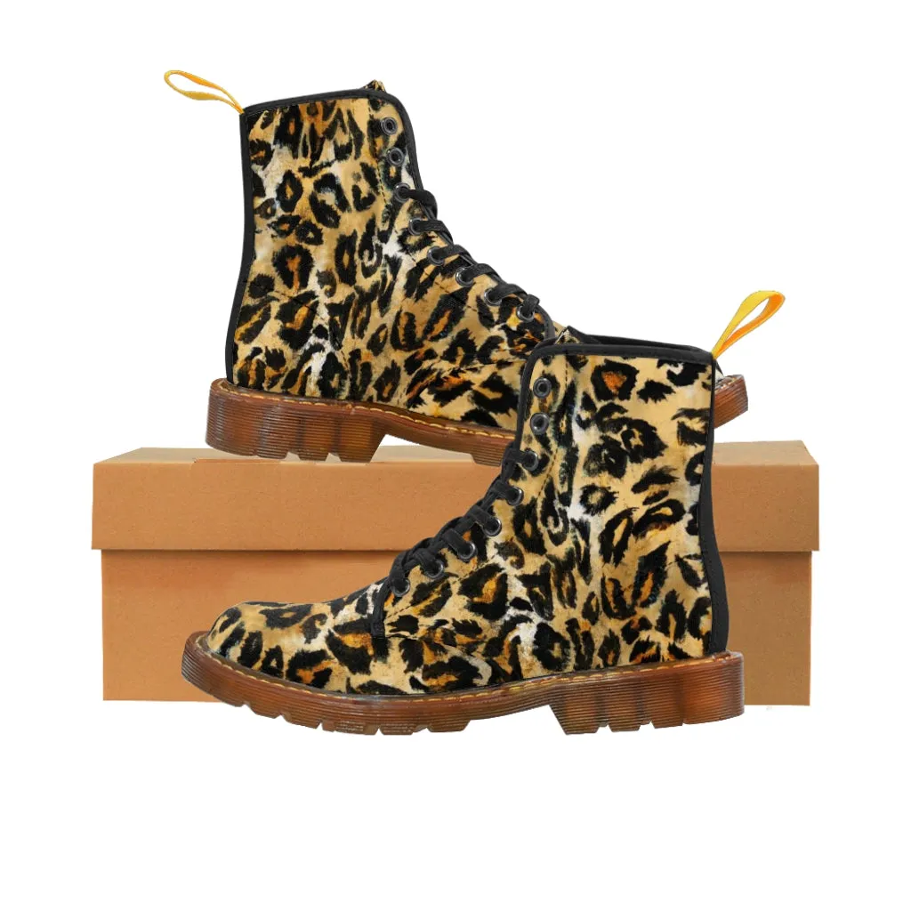 Brown Leopard Print Men Hiker Boots, Designer Animal Print Best Laced Up Men's Canvas Boots