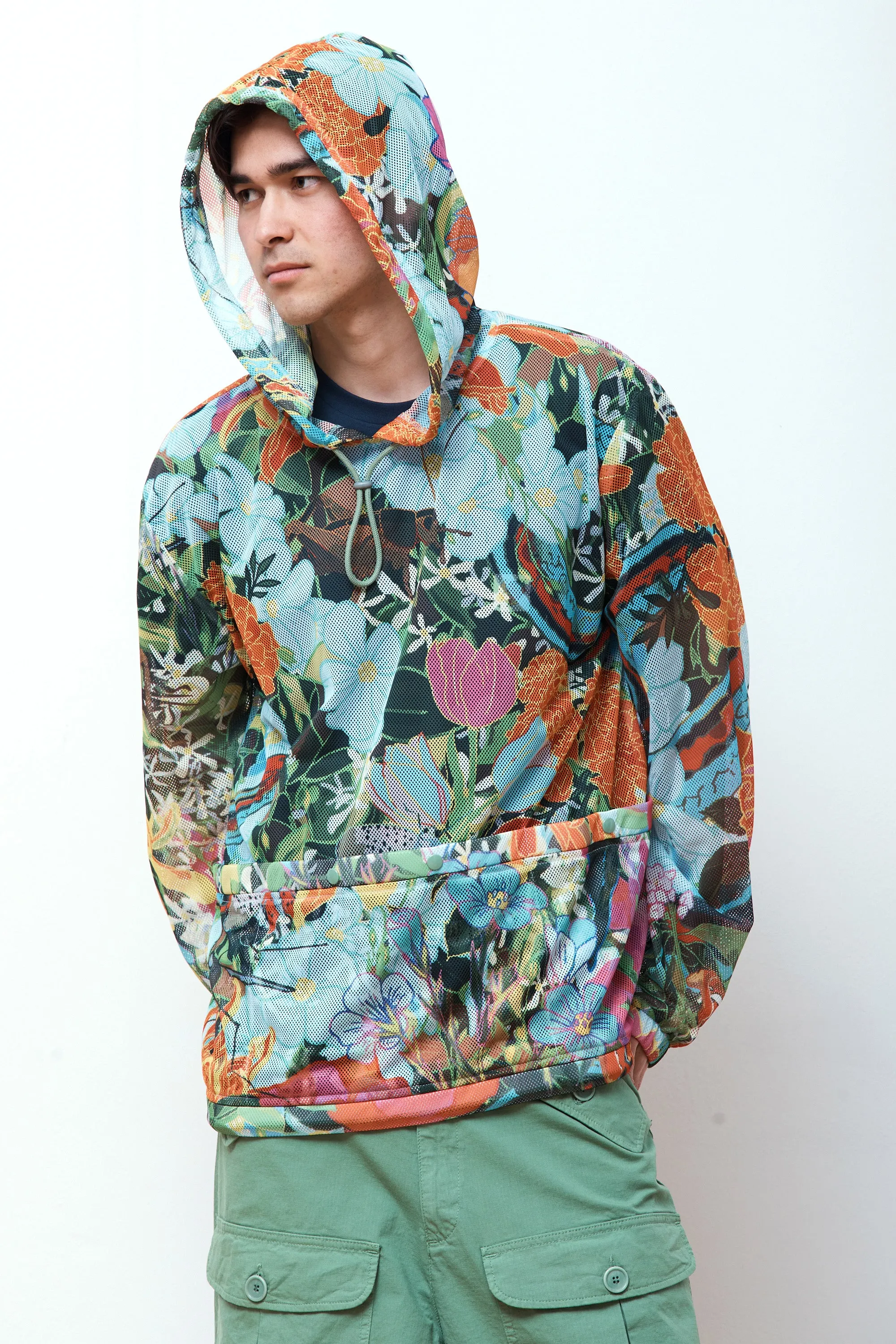 Camo Print Mesh Pullover Hoodie Woven Multi