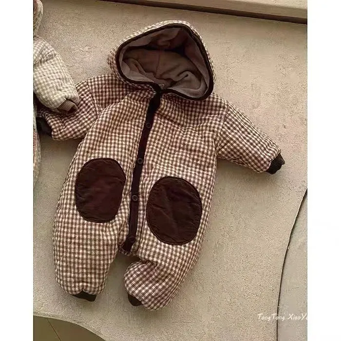 Checkered Hooded Padded Snowsuit with Patchwork Pocket