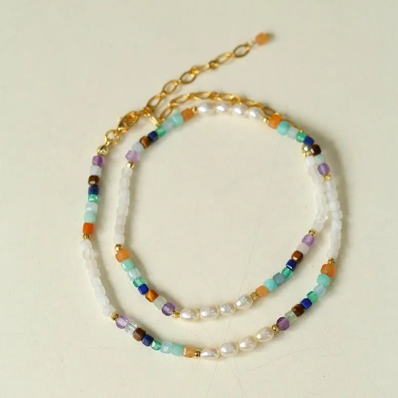 Colorful Faceted Gemstone Summer Vibes Pearl Beaded Necklace