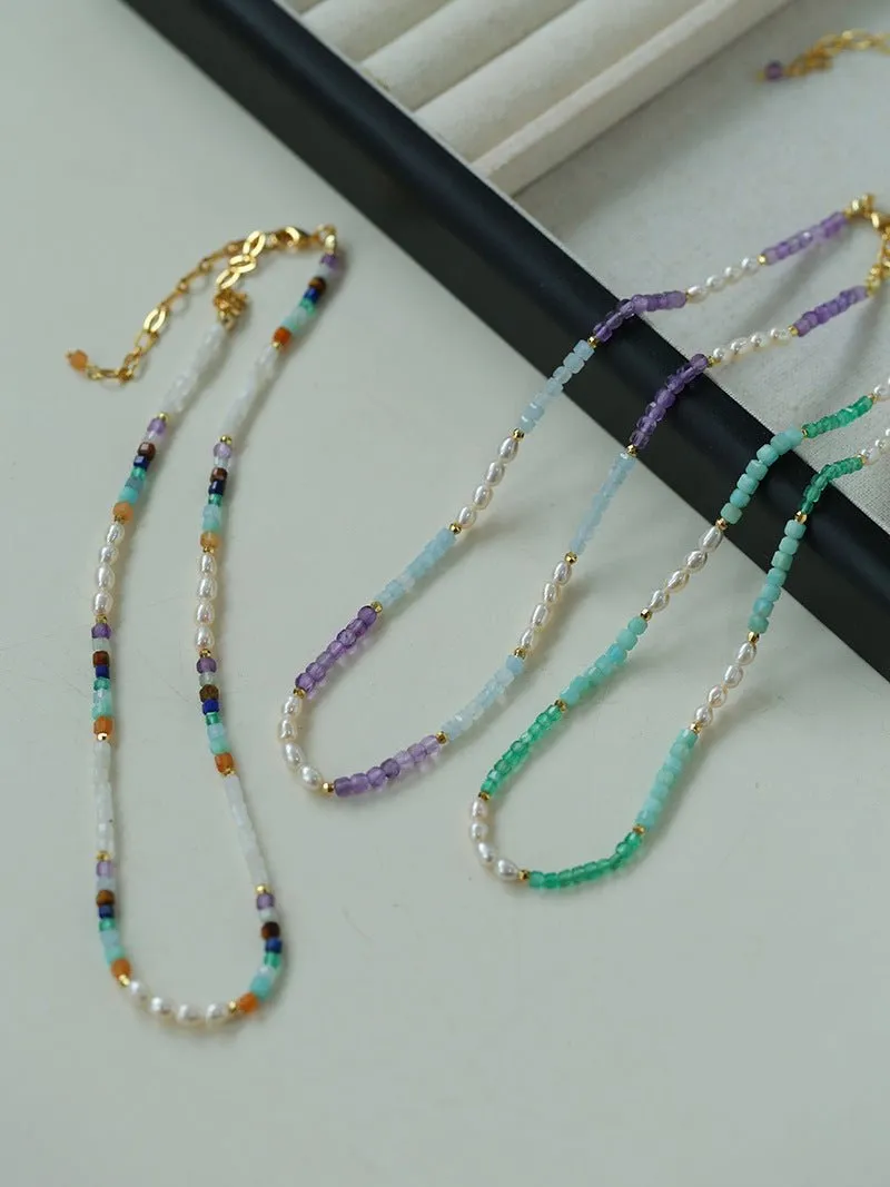 Colorful Faceted Gemstone Summer Vibes Pearl Beaded Necklace