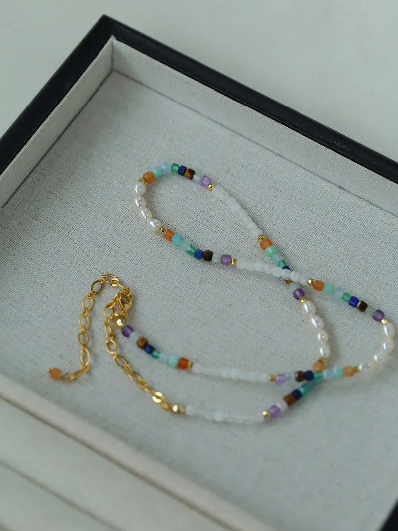 Colorful Faceted Gemstone Summer Vibes Pearl Beaded Necklace