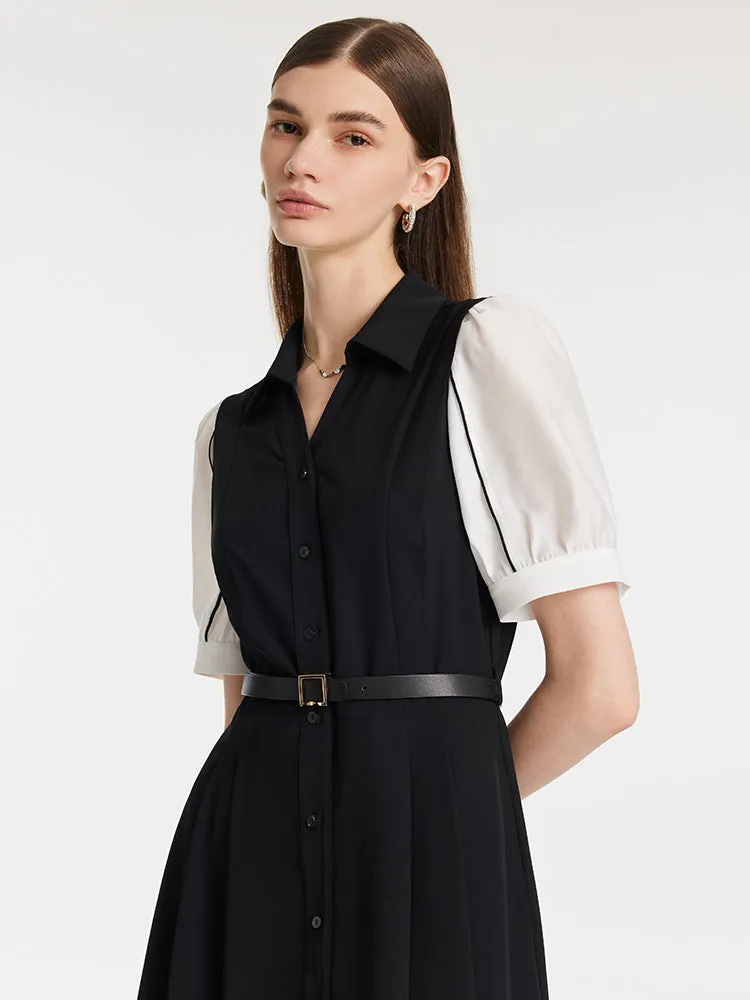 Commute Patchwork V-Neck Women Midi Shirt Dress With Belt