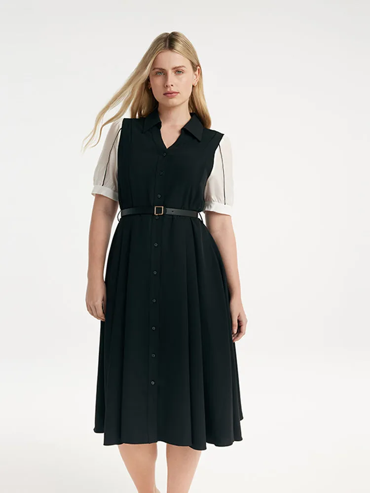 Commute Patchwork V-Neck Women Midi Shirt Dress With Belt