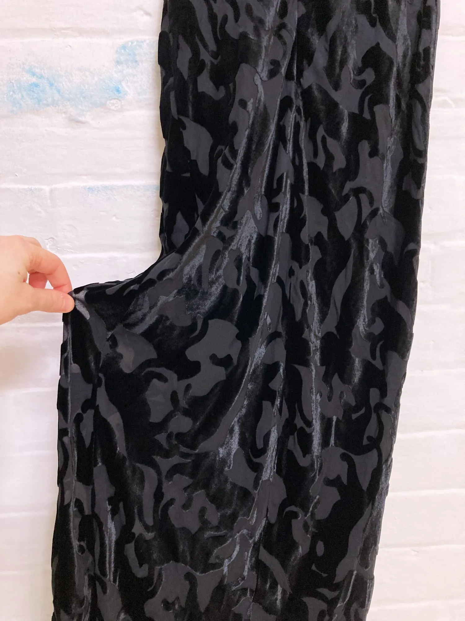 Corinne Cobson black burnout devore velvet sleeveless scoop neck maxi dress