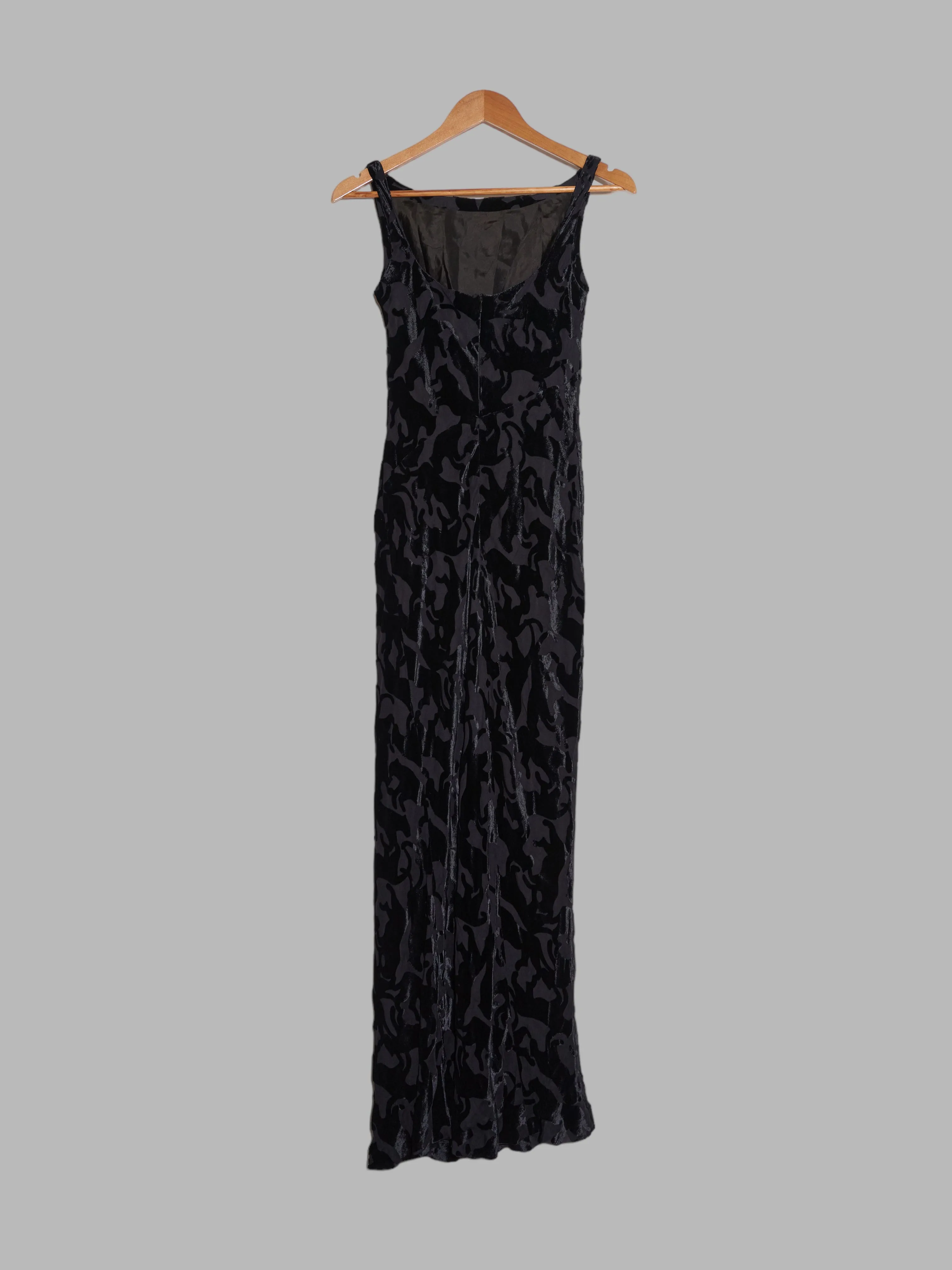 Corinne Cobson black burnout devore velvet sleeveless scoop neck maxi dress