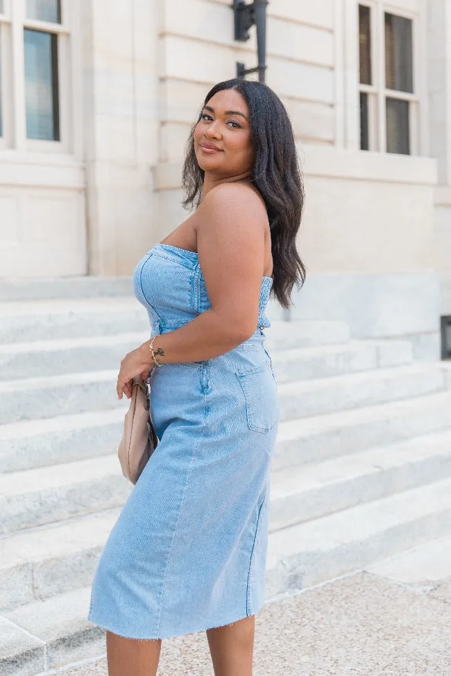 Crazy Over You Light Wash Denim Strapless Midi Dress