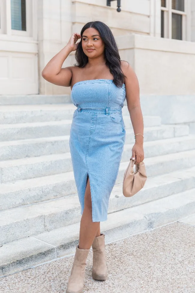 Crazy Over You Light Wash Denim Strapless Midi Dress