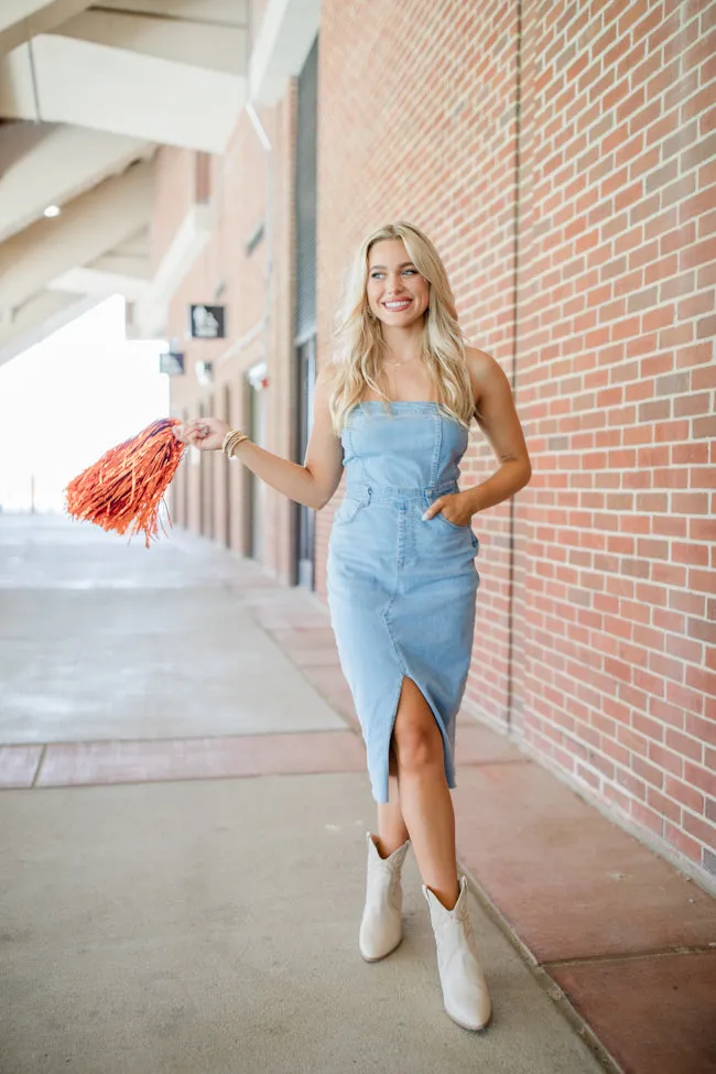 Crazy Over You Light Wash Denim Strapless Midi Dress