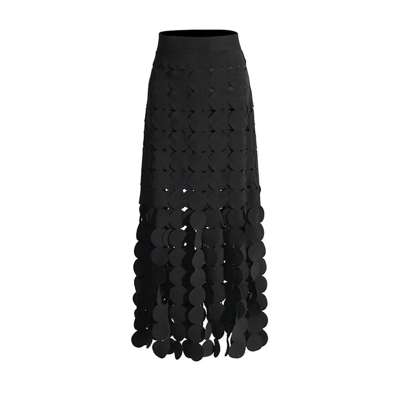 Dynamic High Waist Laser Cut Multi Circle Fringe Layered Maxi Skirt