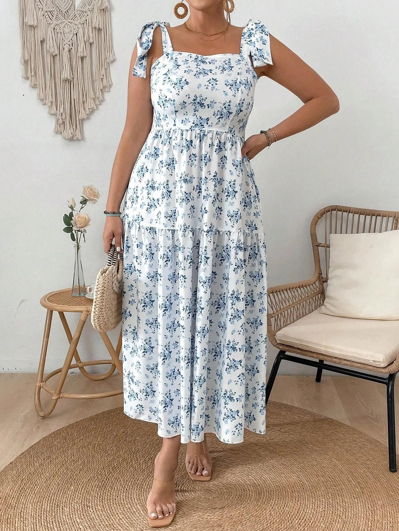 Flower Print Knot Strap Maxi Dress