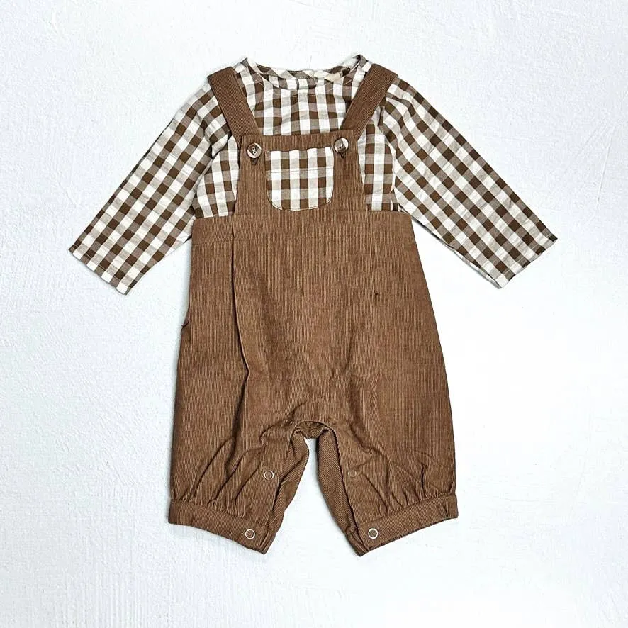 Gingham Muslin Shirt and Corduroy Overall Set