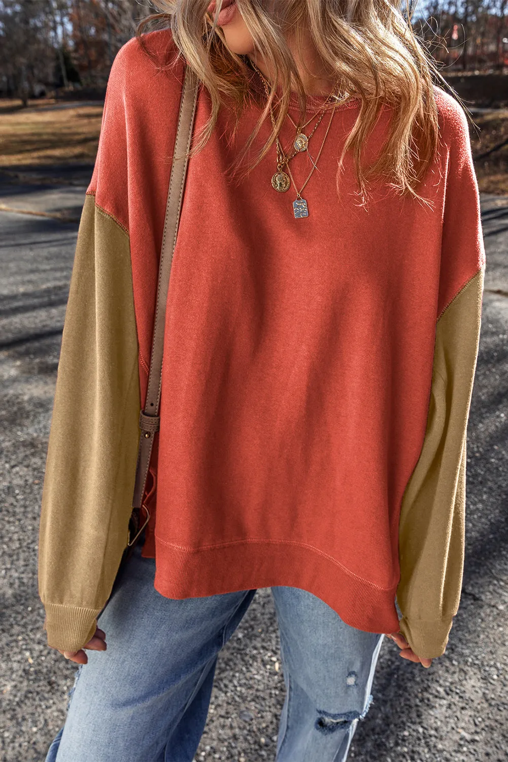 Gold Flame Two Tone Patchwork Drop Shoulder Pullover Sweatshirt